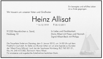 Traueranzeige von Heinz Allisat von Pegnitz-Zeitung